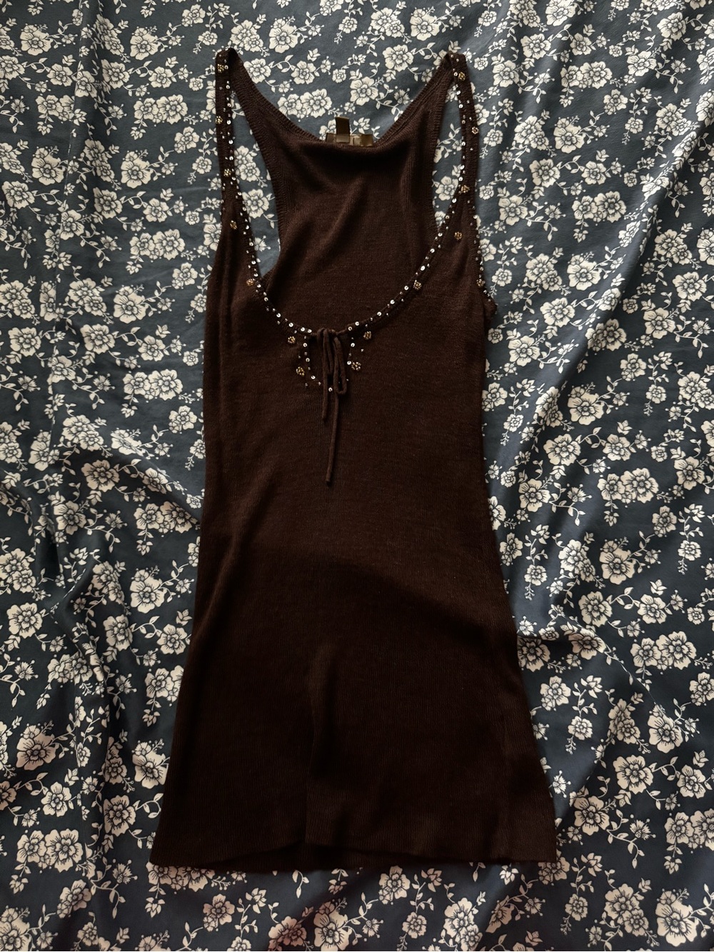 Women's Sleeveless Brown Knit Tank with Beaded Scoop Neck
